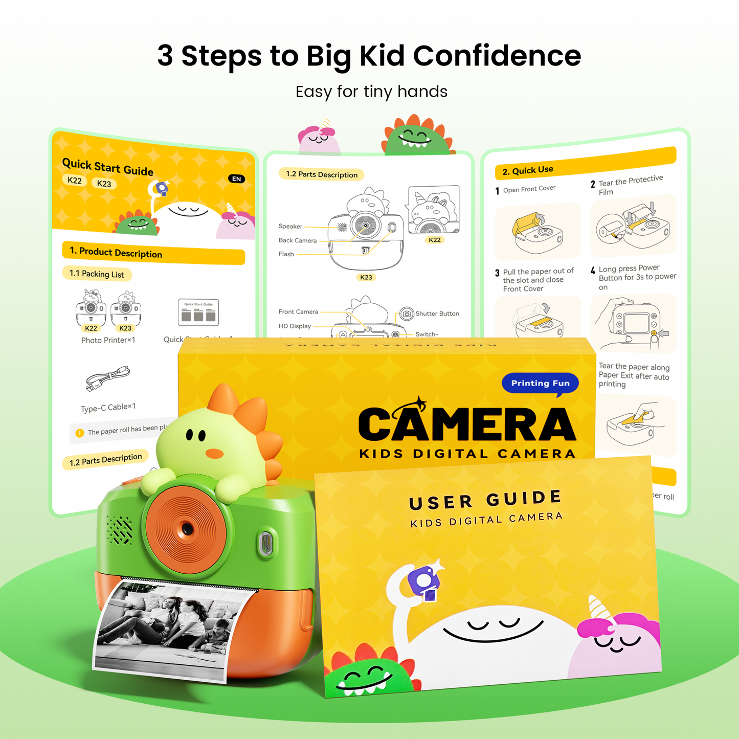 Phocol Dinosaur Camera for Kids, Kids Camera Instant Print, Bluetooth Kid Cameras Printer as Birthday Gifts for 2 to 11 Years Old Boys, Cameras for Kid with Sticker Paper, Dinosaur Toys for Toddlers