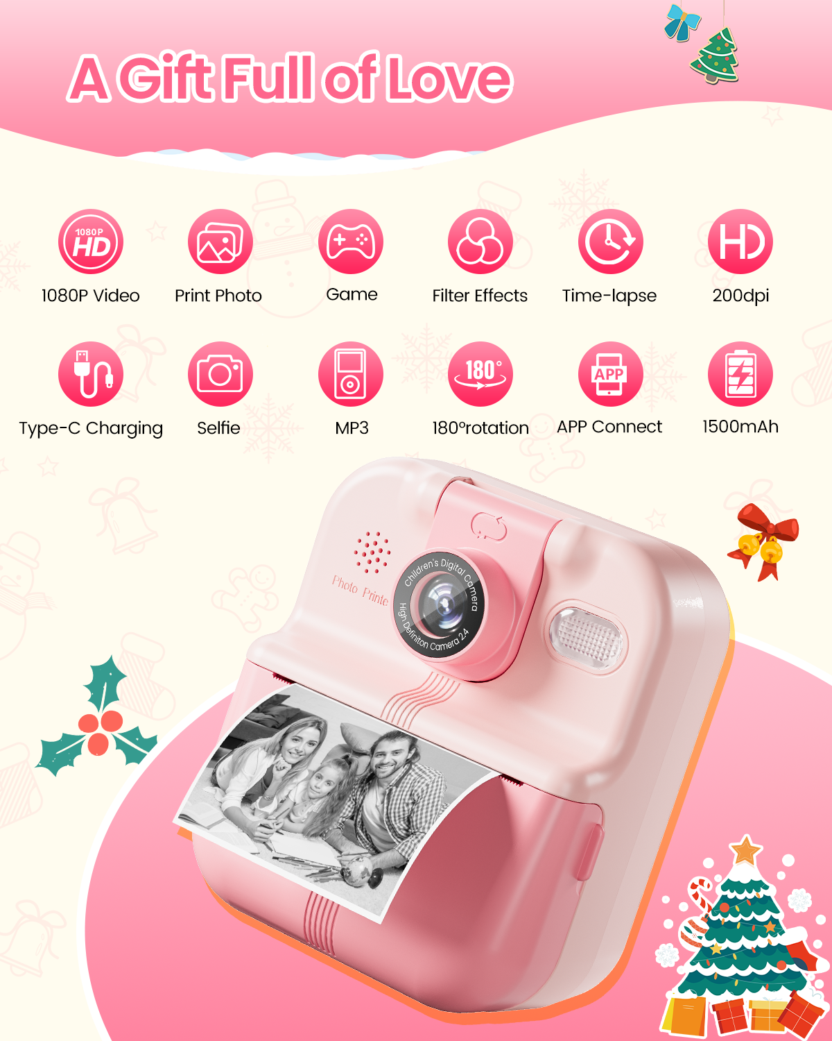 Phocol Kids Camera Instant Print, Instant Camera Gifts for 10 Year Old Girl, Pink Toddler Camara for 2 Year Old Girl Birthday Gift,Selfie Digital Camara for Kids,Portable Kids Toys with 1080P Videos