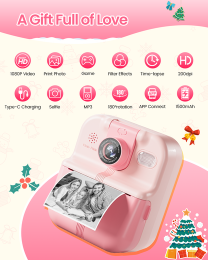 Phocol Kids Camera Instant Print, Instant Camera Gifts for 10 Year Old Girl, Pink Toddler Camara for 2 Year Old Girl Birthday Gift,Selfie Digital Camara for Kids,Portable Kids Toys with 1080P Videos