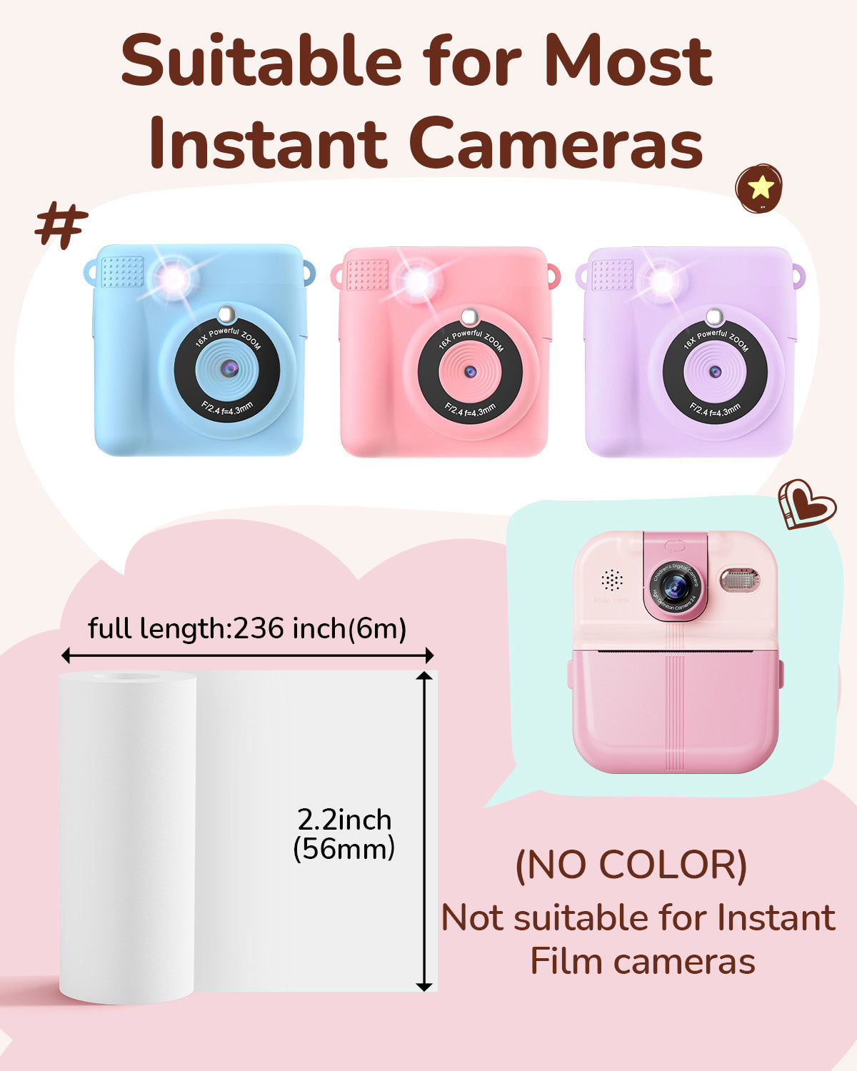 Phocol Kids Camera Paper Roll Refill, Photos Papers 6 Rolls 2 Inch Thermal Printing White with Black Text - Compatible with Phocol K22 K23 P02 for Ages 3-15, Teens & Life Lovers