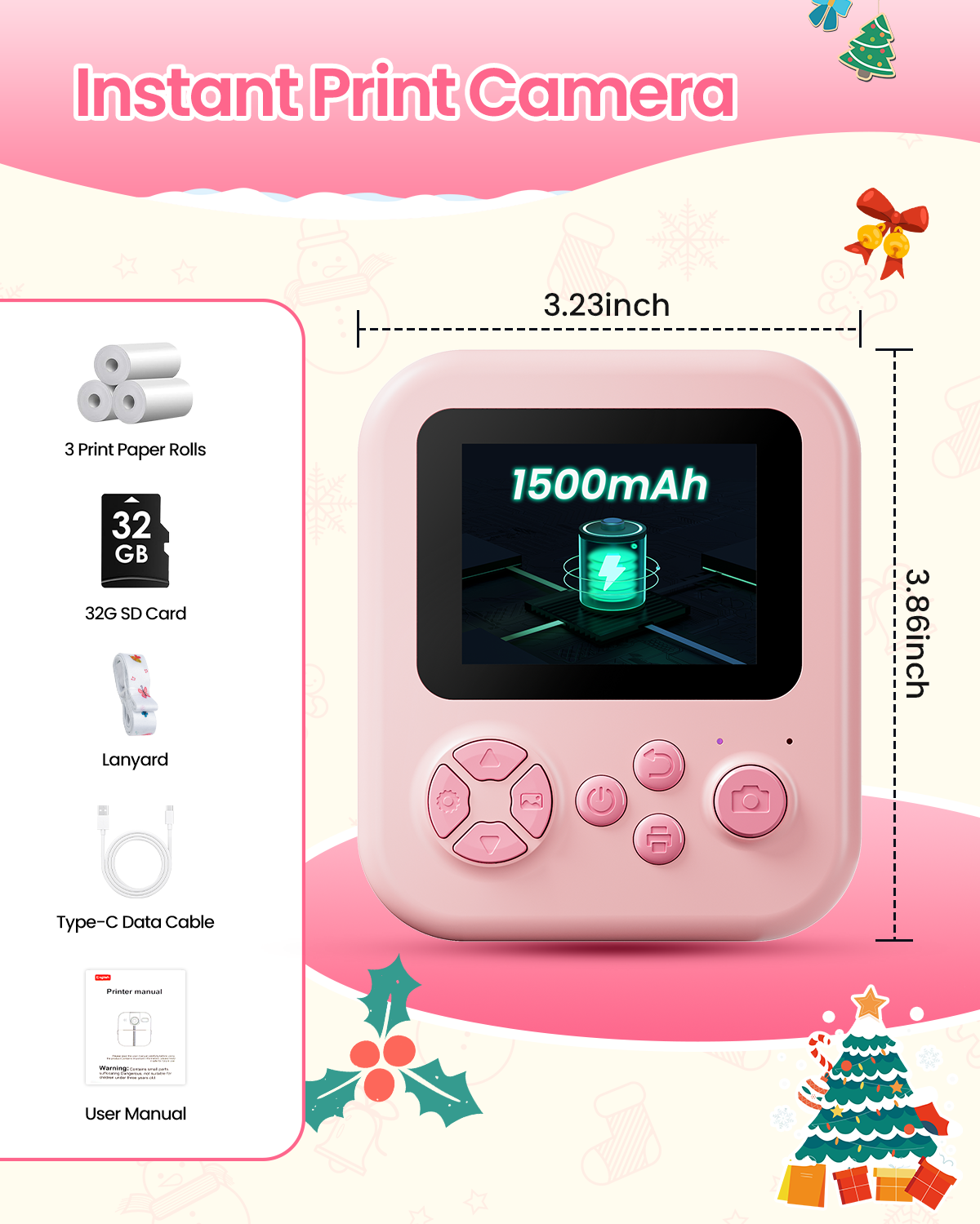 Phocol Kids Camera Instant Print, Instant Camera Gifts for 10 Year Old Girl, Pink Toddler Camara for 2 Year Old Girl Birthday Gift,Selfie Digital Camara for Kids,Portable Kids Toys with 1080P Videos