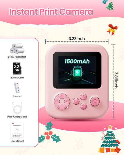 Phocol Kids Camera Instant Print, Instant Camera Gifts for 10 Year Old Girl, Pink Toddler Camara for 2 Year Old Girl Birthday Gift,Selfie Digital Camara for Kids,Portable Kids Toys with 1080P Videos